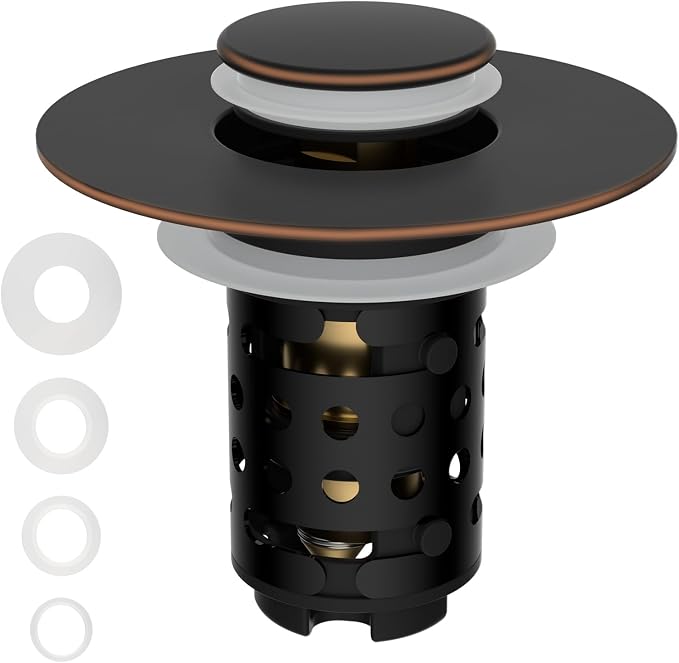 Universal Bathroom Sink Drain Stopper Hair Catcher, Oil Rubbed Bronze | Upgraded with 2-Layer Detachable Filter Basket, 4 in 1 Pop Up Drain Strainer, Anti-Clog, Fit for 1.1''~2.36'' Sinks