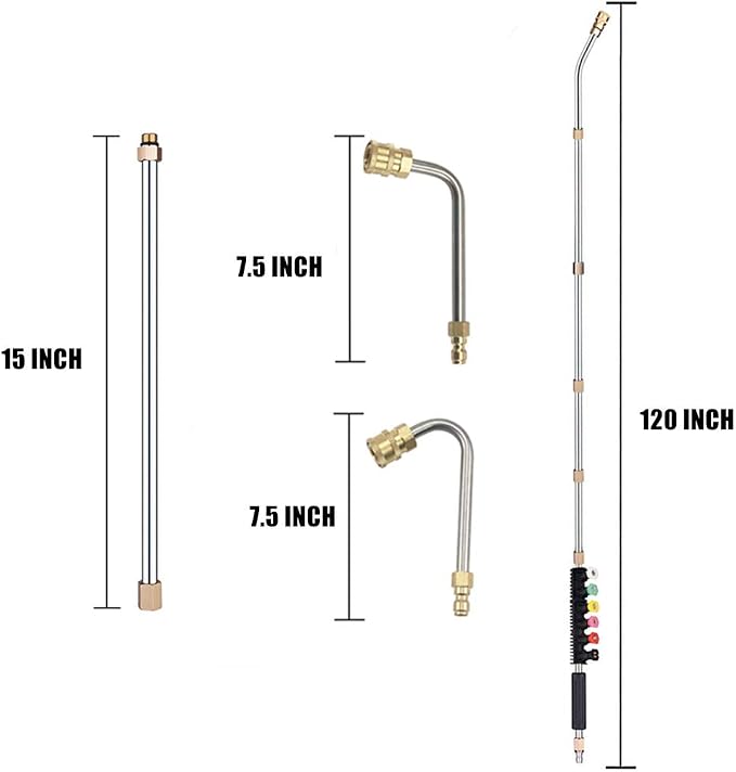 Selkie 120inch Stainless Steel Pressure Washer Extension Wand Power Washer Lance with Spray Nozzle Tips,30°,90°Curved Rod, 1/4’’Quick Connect, Replacement for Anti-Leaked Ring 4000 PSI…