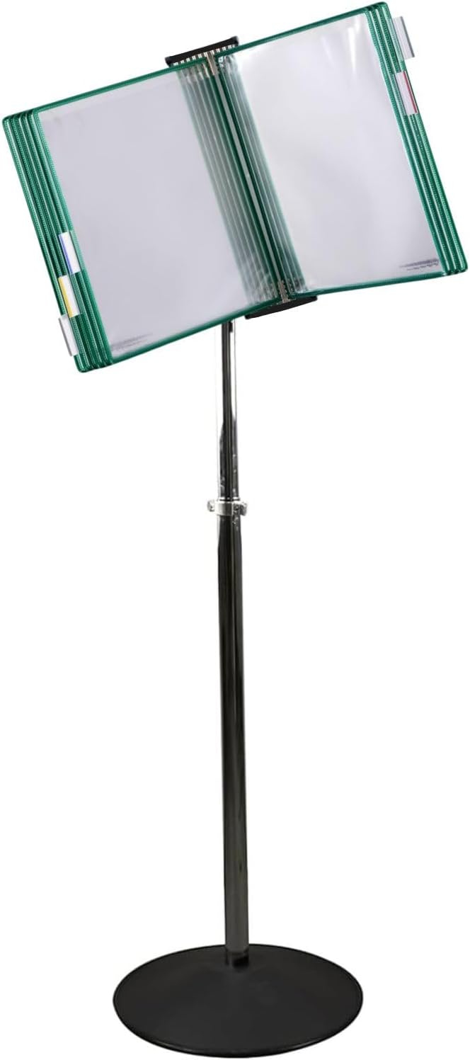 Tarifold Adjustable Floor Reference Display Stand, 10 Pockets, Green | 10 double-sided pockets hold 20 letter-size sheets, adjustable floor stand, durable metal bracket, easy to assemble