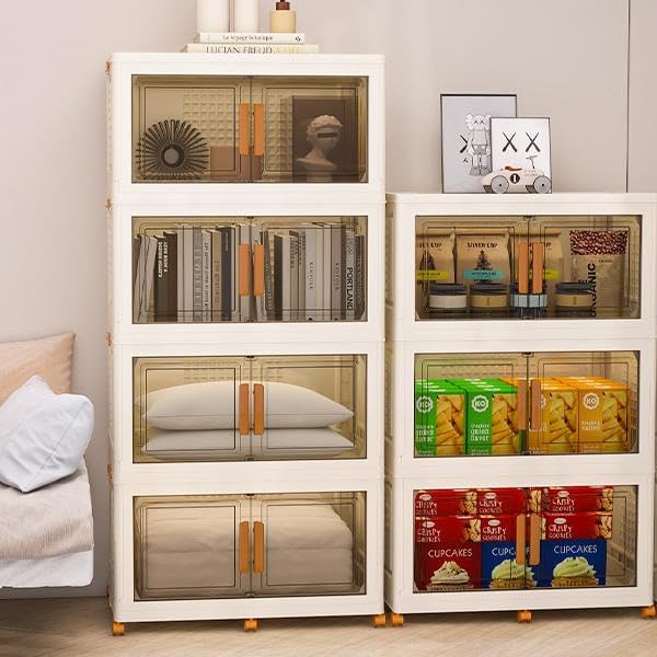 Plastic Stackable Storage Bins with Lids and Wheels, Foldable Closet Organizers and Storage Containers for Bathroom, Collapsible Clear Drawer Storage Cabinet with Doors White 45Gal 4Tiers