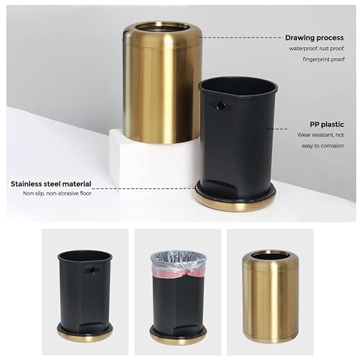 8L/2.1gal Brass Gold Bathroom Trash Can,Stinless Steel | Small Bathroom Garbage Can,Brushed Trash Can,double layer,open top, for Bathroom,Powder Room,Bedroom,Office
