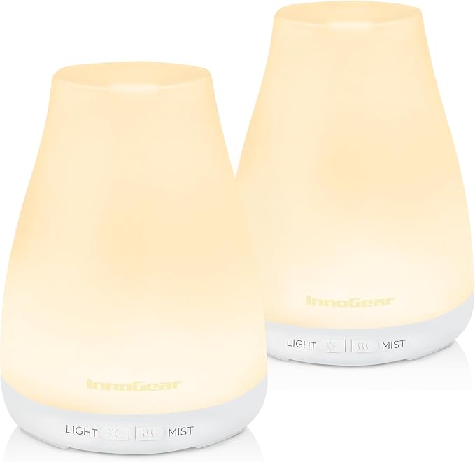 InnoGear 2 Pcs Essential Oil Diffuser Aroma Diffusers for Home, Basic White | Cool Mist Humidifier, Aromatherapy, Large Room, Run up to 8hrs, Waterless Auto Off, 7 Lights, Living Room, Quiet Operation