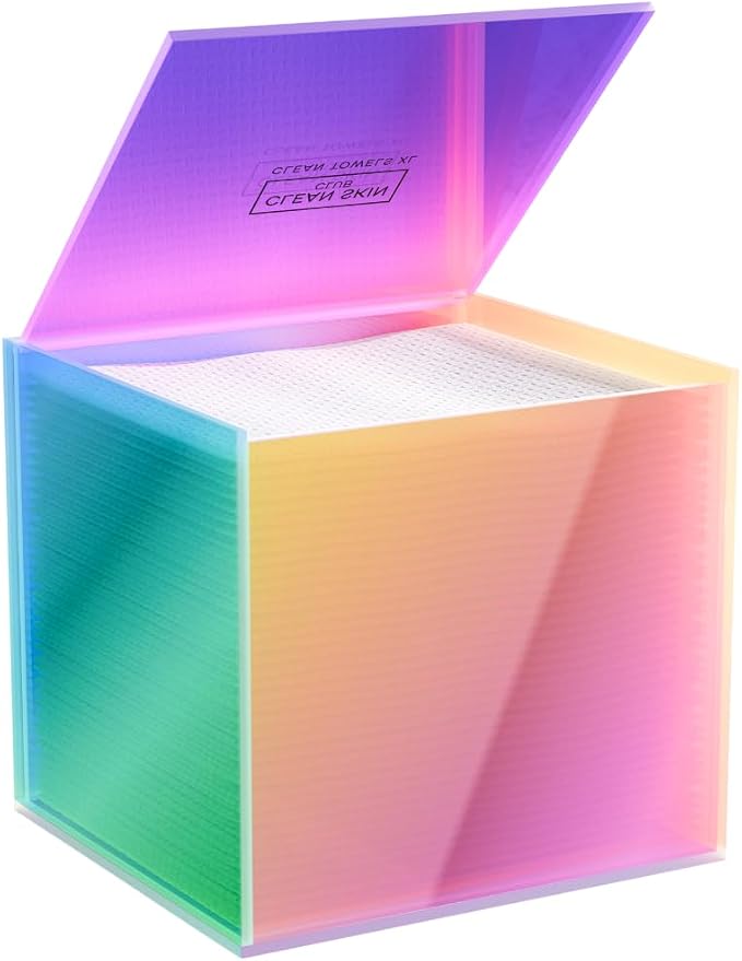 CLEAN SKIN CLUB Prism Box for Clean Towels XL – Acrylic Bathroom Storage Organizer, Holds 50 Disposable Face Towels, Dust-Proof Countertop Container with Lid for Skincare & Vanity Organization