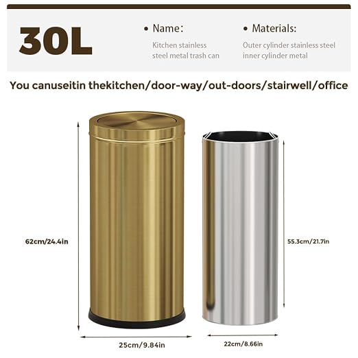 Gold Trash Can, 8 Gallon Trash can with lid,Large Capacity FILP lid Kitchen Trash can for Bathroom,Shopping mall,Elevator gate,Airport, Hotel,Commercial (Gold)