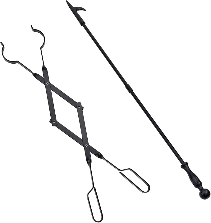 Log Grabber Fireplace Tongs Wood Fired Oven Tool Grill Camping Fire Pit Tool (Tongs+Poker)
