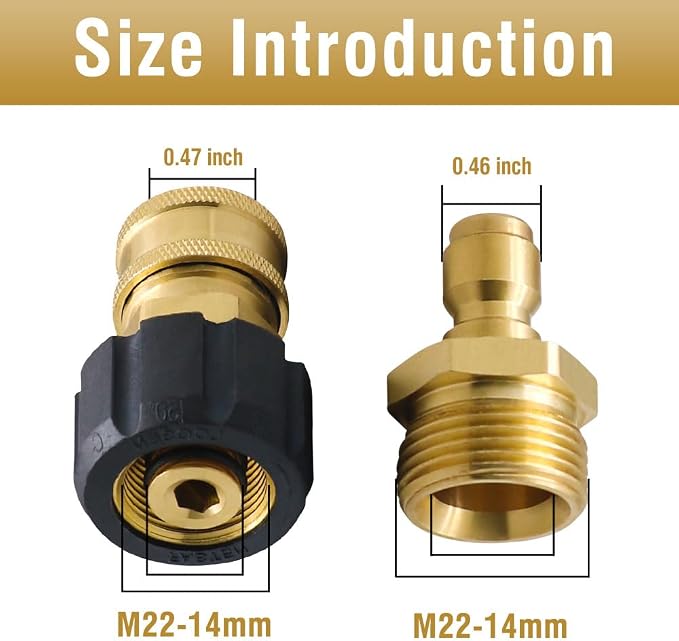 Quick Connect Pressure Washer Adapter Set For Pressure Washer Gun | For Patio Cleaning/Maintaining Outdoor Equipment, M22-14mm Female to 1/4" Socket, Male to 1/4" Plug, Quick Installation,Brass
