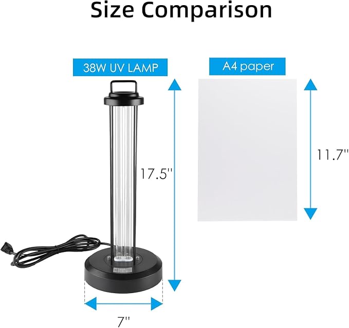 38W UV Light Sanitizer with 1 Spare Bulb, Ultraviolet Lamp with Remote Control for Home, Office School, Hotel.99.99% UVC Cleaning Portable Lamp, 3-Gear Timer 15/30/60 Minutes 110V with Ozone