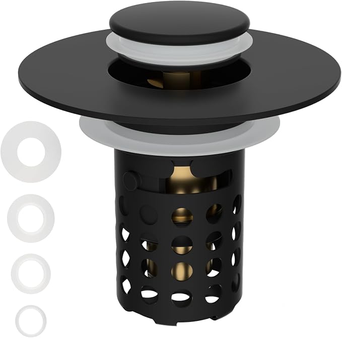 Universal Bathroom Sink Drain Strainer Hair Catcher, Matte Black | Upgraded with Removable Stainless Steel Filter Basket, 3 in 1 Pop Up Sink Stopper for 1.1''~2.36'' Sink Basin Hole