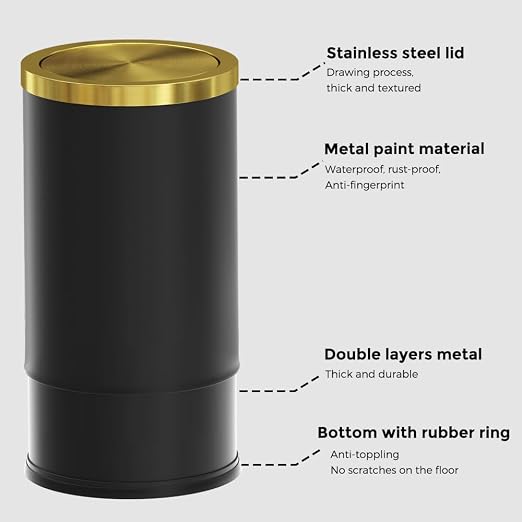 Brushed Brass Garbage can,Bathroom Trash can with lid，Modern Small Trash Can with Flipping Lid, 9 L,Garbage cans for Bathroom, Kitchen,Bedroom, Metallic Gold (Black（Double）)