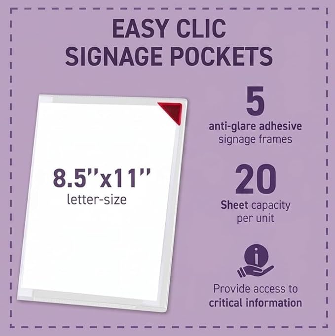 Tarifold Self-Adhesive Sign Holders, Letter Size, 5 Pack | 5 clear non-glare PVC holders, repositionable adhesive, magnetic corner closure, portrait or landscape, letter-size documents