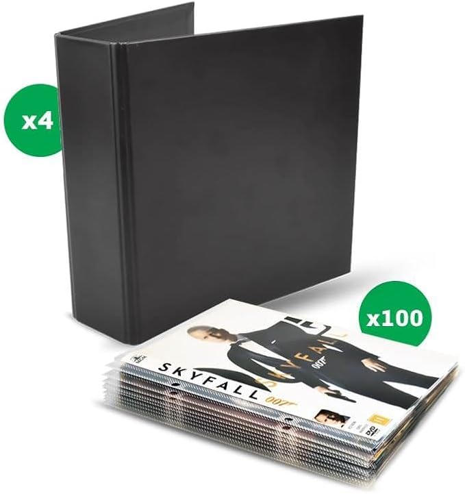 Tarifold DVD Storage Bundle, 100 Binder Sleeves and 4 Binders, 2-Ring Holes | Holds DVD, cover art and booklet, secure flap, 25 sleeves per binder, 120-micron polypropylene, saves up to 70% storage space