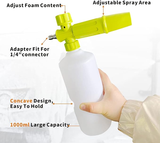 Foam Cannon 1 L Bottle Car Wash Snow Foam Lance with 1/4" Quick Connector Pressure Power Jet Washer Quick Release Adjustable Nozzle with 1 Washing Mitts
