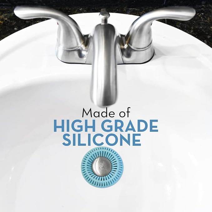 SinkRing Bathroom Sink Drain Protector & Strainer for Pop-Up Stoppers, Aqua | Easy snap-in design. Precision clog-free trap prevents loss of earrings, jewelry or contacts. Fits 1.37" - 1.57" stoppers.