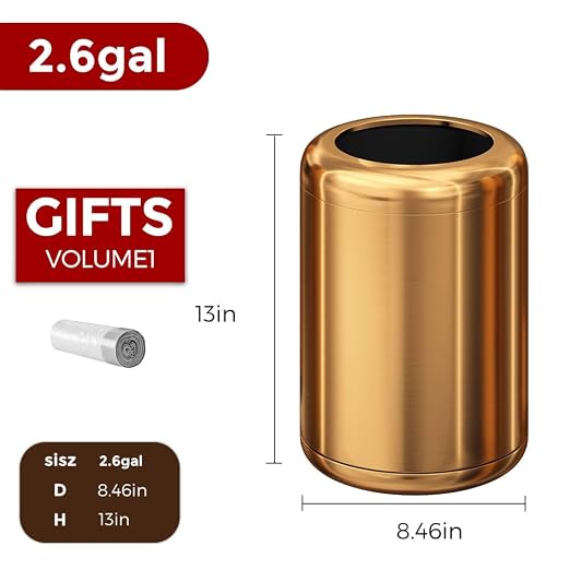 10L/2.6GAL Brushed Stainless Steel Trash can,Open Top Wastebasket Bin,Garbage Can for Bathroom,Living Room,Office,Kitchen,Bedroom,Hotel (Rose Gold)