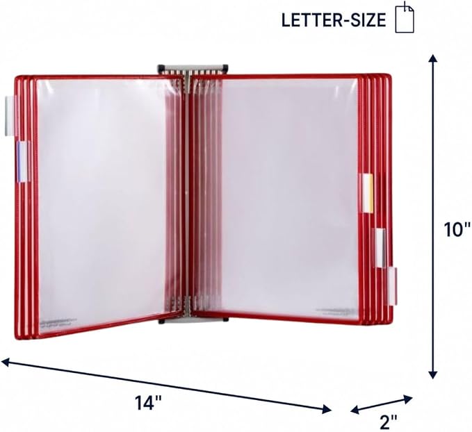 Tarifold Wall Mount Reference System, 10 Pockets, Expandable, Red | 10 double-sided PVC pockets hold 20 letter-size sheets, sturdy wall-mount bracket, snap-on index tabs, easy to install