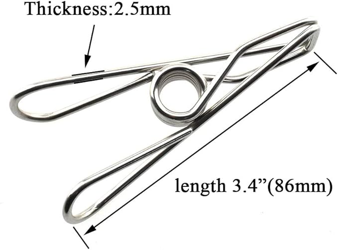 HAHIYO Clothespins Chip Clips All Metal Stainless Steel No Rust Stains Strong Grip in Heavy Wind 3.4 Inches 14 Pack Extra Large Do Not Fall Apart Open Wide for Holding Clothes Snack Bag Clamps