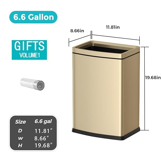 25L Glam Champagne Gold Kitchen Trash Can | 6.6 Gallon, Decorative Kitchen Garbage Bin, Commercial Open Top Wastebasket, For Bathroom Home Hotel Office