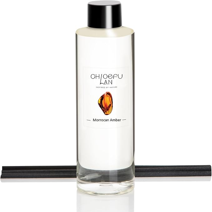 Chloefu LAN Morrocan Amber Scented Oil Diffuser Refill 6.76 fl oz Natural Essential Oil - Best for Home Bathroom Shelf Decor, 0% Alcohol, Unique Blend to Promote Sleep & Relieve Stress