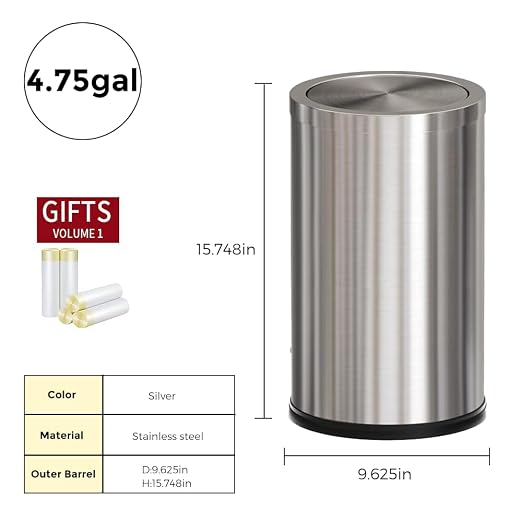 4.8GALStainless Steel Bathroom Trash Can with Lid, Silver Trash Can with Flipping Lid, Garbage cans for Kitchen，Living Room,Dental Office，Hotel,Guest Room(4.7gal-Silver)