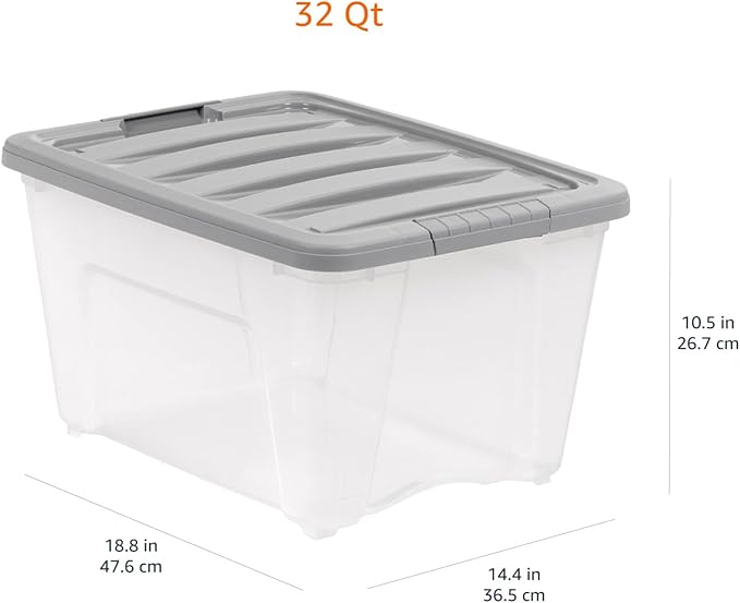 Amazon Basics Plastic Storage Containers with Secure Latching Lids, Stackable Organization Bins, 32 Quart, Set of 6, Clear/Grey