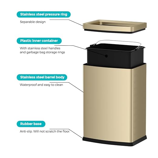 25L Glam Champagne Gold Kitchen Trash Can | 6.6 Gallon, Decorative Kitchen Garbage Bin, Commercial Open Top Wastebasket, For Bathroom Home Hotel Office