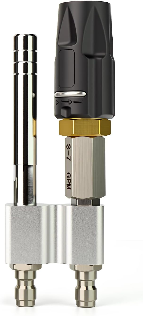 Stainless Steel 2-in-1 Downstream Soft Wash Nozzle, M5 Twist Shooter Tip with 1/4" Quick Connect, 0° to 60° Adjustable Spray Pattern for Pressure Washer 3-7 GPM – for Roofs, Siding, Vehicles