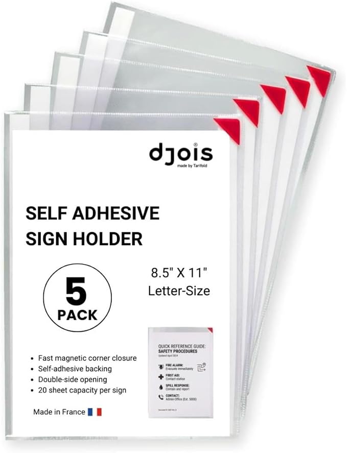 Tarifold Self-Adhesive Sign Holders, Letter Size, 5 Pack | 5 clear non-glare PVC holders, repositionable adhesive, magnetic corner closure, portrait or landscape, letter-size documents