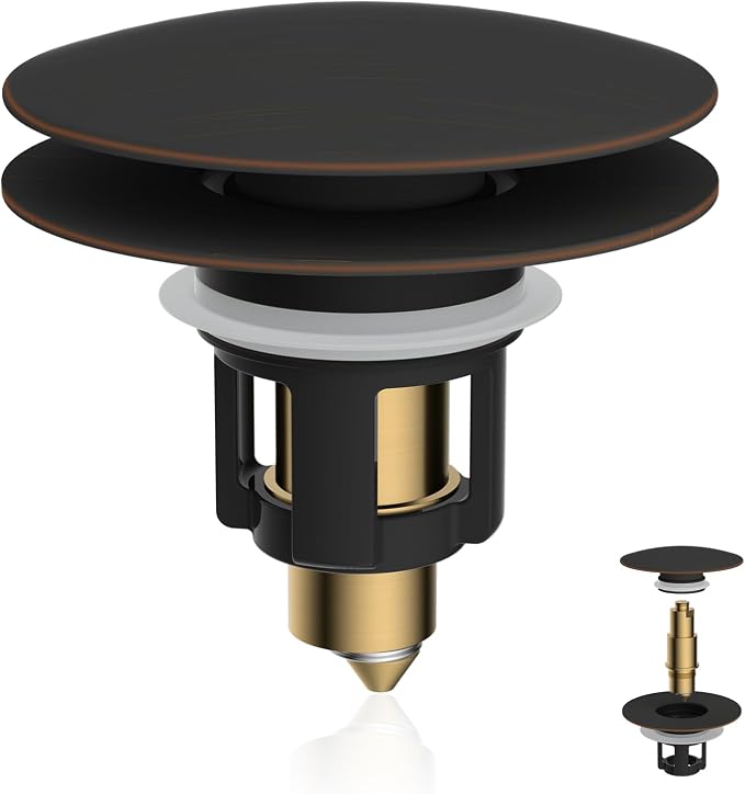 Universal Metal Bathroom Sink Stopper Hair Catcher, Oil-Rubbed Bronze | Pop-Up Sink Drain Strainer with Detachable Filter, Drain Plug Fits 1.1"-2.36" US Basin, Large Cover Cap, Brass Bounce Core