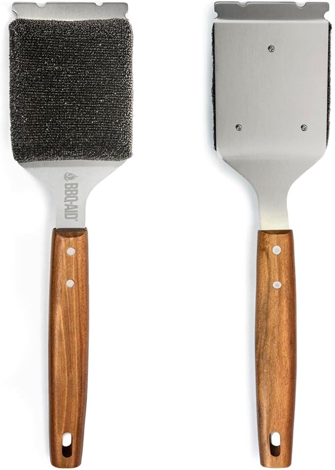 Bristle Free Grill Brush Cleaner and Scraper for Barbecue, Replaceable Head | Bristle-Free Grill Brush with Replaceable Head & Acacia Wood Handle. Heavy-Duty Scraper, No-Scratch BBQ Grate Cleaning.