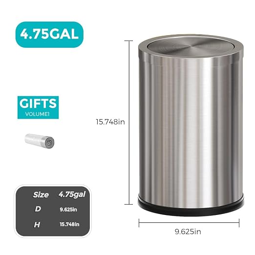 18L Stainless Steel Bathroom Trash Can, Silver