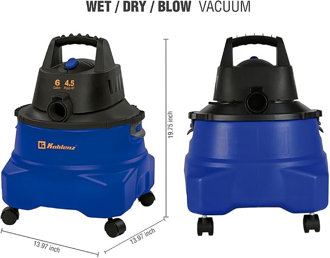 Koblenz WD-6 L212 Wet Dry Vacuum Cleaner, 6 Gallon | 3-in-1 Suction & Blower, 16 ft Reach, Big Cleaner for Car, Shop Vacuum Wet and Dry, Swivel Casters, Black/Blue