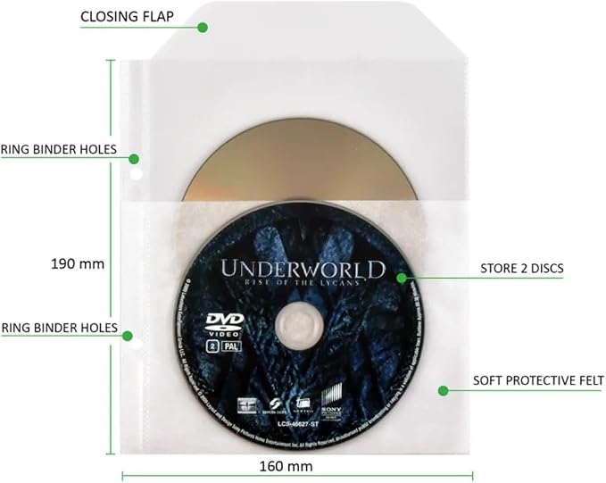 Tarifold Double DVD Binder Sleeves with Closing Flap, 2-Ring Holes, 50 Pack | Holds 2 DVD's, cover art & booklet, felt insert, reinforced 2-ring binder holes, polypropylene, saves up to 70% storage space