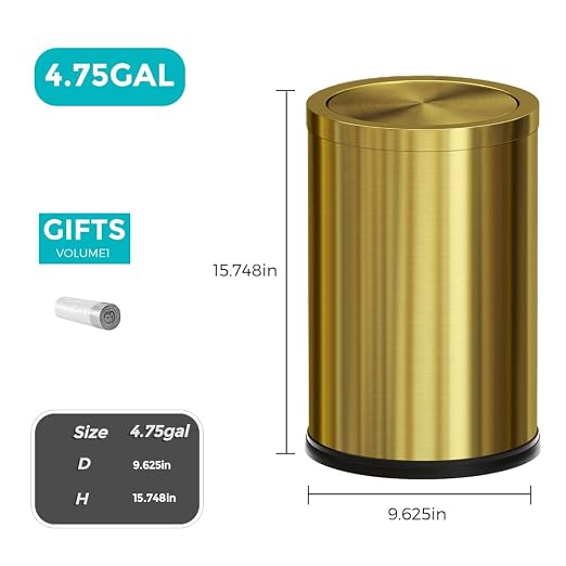 18L Stainless Steel Bathroom Trash Can, Gold, Round | 4.7 Gallon, Swing Lid, Elegant Waste Basket, For Toilet Bathroom Cafe Kitchen Office Hotel Home