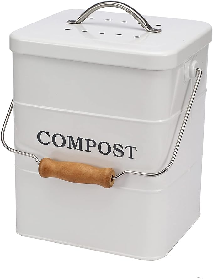 Stainless Steel Compost Bin, 1 Gallon, Kitchen Countertop Compost Bin, Includes Charcoal Filter, White