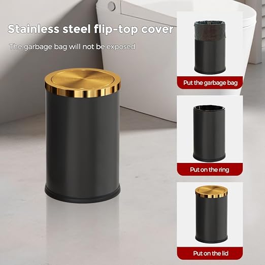 9L/2.4GAL Black and Gold Bathroom Trash Can, Small Trash Can with FILP Lid for Bathroom,Hotel,Office,Lundry,Powder Room (ＢＬＡＣＫ)