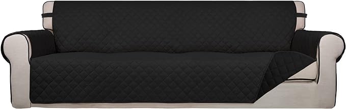 PureFit Reversible Quilted Sofa Cover, Water Resistant Slipcover Furniture Protector, Washable Couch Cover with Non Slip and Elastic Straps for Kids, Dogs, Pets (XX Large, Black/Black)