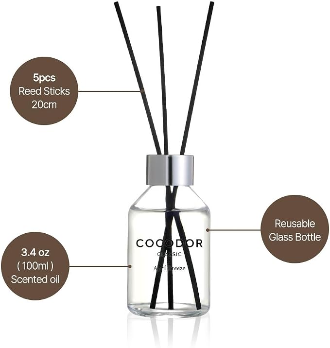 COCODOR Classic Reed Diffuser/Lemon Eucalyptus/3.4oz(100ml)/1 Pack/Fragrance Scent Essential Oil Stick Diffuser Set for Bedroom Bathroom Home Décor