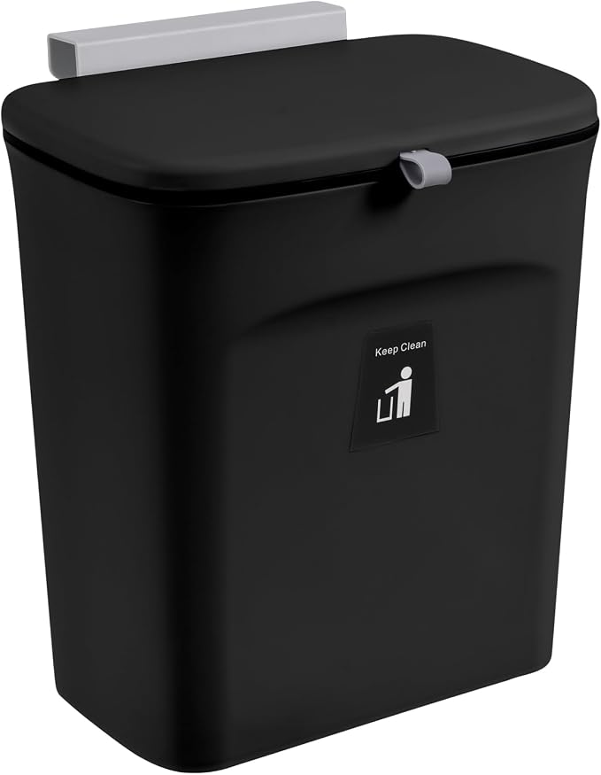 Tiyafuro 2.4 Gallon Kitchen Compost Bin for Counter Top or Under Sink, Hanging Small Trash Can with Lid for Cupboard/Bathroom/Bedroom/Office/Camping, Mountable Indoor Compost Bucket, Black