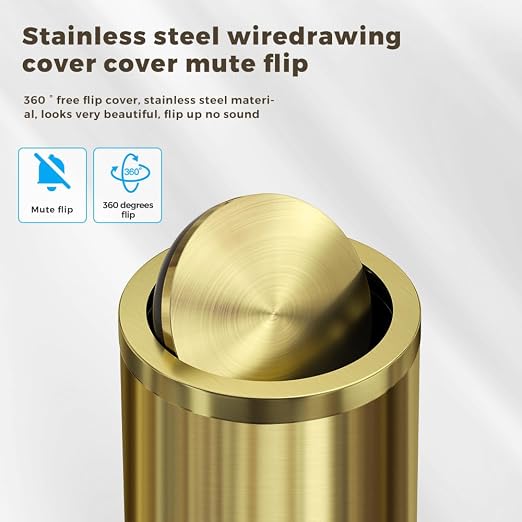 18L/4.7GAL Gold Bathroom Trash Can with Lid,Brass Garbage Can with Flipping Lid,Brushed Stainless Steel for Bedroom,Living Room,Office,Guest Room (4.7gal-Gold)