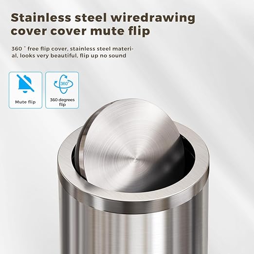 4.8GALStainless Steel Bathroom Trash Can with Lid, Silver Trash Can with Flipping Lid, Garbage cans for Kitchen，Living Room,Dental Office，Hotel,Guest Room(4.7gal-Silver)