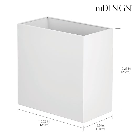 mDesign Small Steel Rectangular 2.4 Gallon/9.1 Liter Trash Can, Waste Basket for Bathroom, Bedroom, Home Office - Holds Garbage, Recycling, Household Items - Linn Collection - White