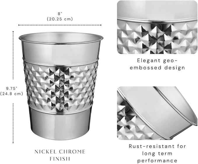 Monarch Abode Metal Bathroom Trash Can – Waste Basket for Bedroom, Office Desk, & Dorm, Handcrafted Geo Embossed, Durable Decorative Nickel Chrome Small Trash Can Bathroom Garbage Bin Wastebasket