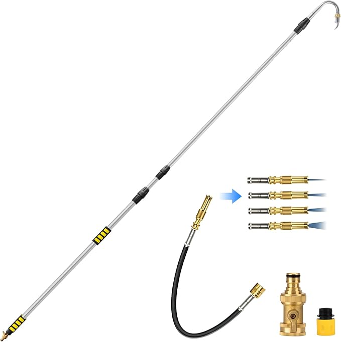 2-IN-1 24FT Reach Gutter Cleaning Tool with Flexible Wand & Curved Wand | 16FT Telescoping Gutter Cleaning Wand, 360° Rotating Nozzle, Adjustable Water Flow & Spray Patterns for Garden, Car Wash
