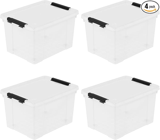 Set of 4 Plastic Latch Storage Bins with Wheels, 23 L Clear Latch Boxes with Stackable Lids