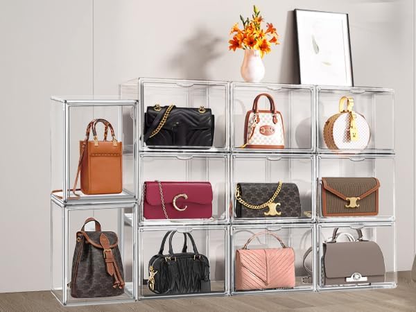 10 Pcs Clear Purse Storage Boxes, Plastic Shoe Boxes Stackable Acrylic Display Case Shoe Organizer with Magnetic Lid, Acrylic Display Box for Collectibles,Purse Organizer,Handbag,Shoes Size 14