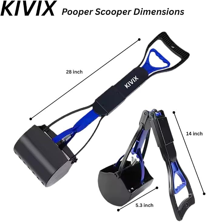 KIVIX 28" Pooper Scooper Foldable Blue Dog Pooper Scooper Poop Scooper with Unbreakable Material and Durable Spring Easy to Use for Grass, Dirt, Gravel