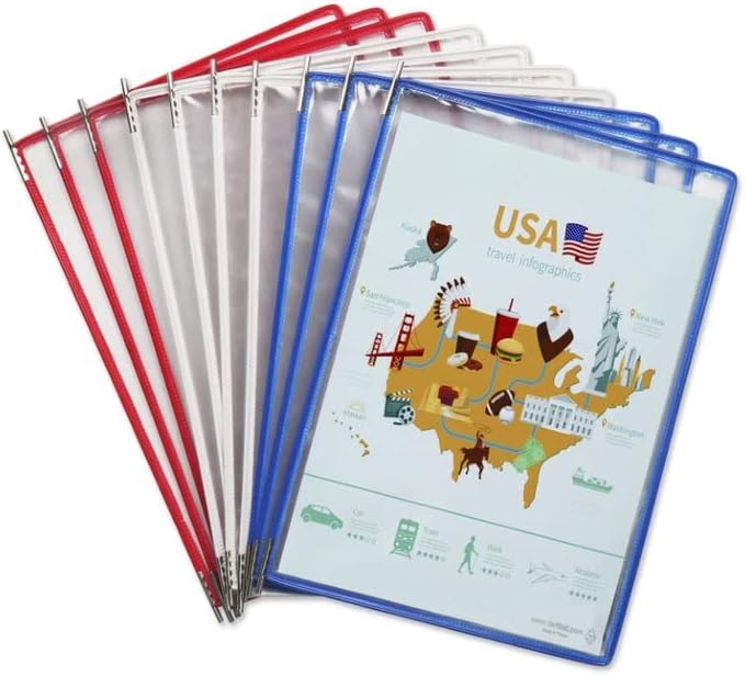 Tarifold Wall Mount Reference System, 10 Pockets, USA Colors | 10 double-sided PVC pockets hold 20 letter-size sheets, USA color frames, sturdy wall-mount bracket, easy to install