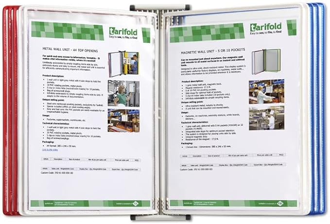 Tarifold Wall Mount Reference System, 10 Pockets, USA Colors | 10 double-sided PVC pockets hold 20 letter-size sheets, USA color frames, sturdy wall-mount bracket, easy to install