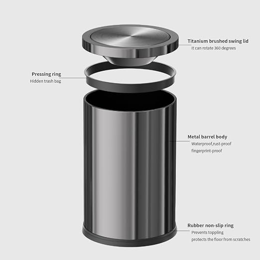 Stainless Steel Trash can,Bathroom Trash can with lid，Small Trash Can with Flipping Lid, 9 L,Garbage cans for Kitchen，Living Room. Metallic Gold (Gun Gery)