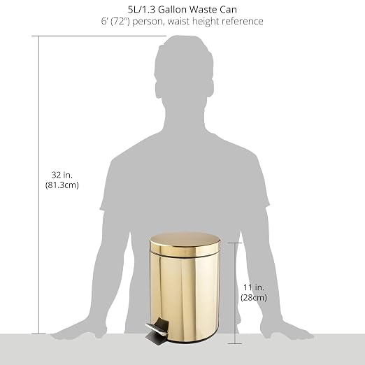 mDesign Small Modern 1.3 Gallon Round Metal Lidded Step Trash Can, Compact Garbage Bin with Removable Liner Bucket and Handle for Bathroom, Kitchen, Craft Room, Office, Garage - Soft Brass, 5 liter